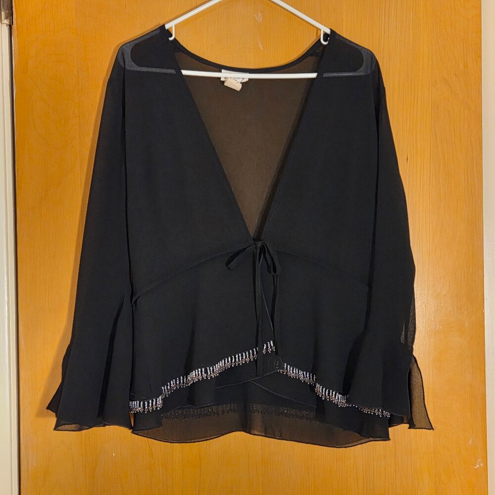 Vintage Sally USA Sheer Crepe Open Tie Front Cardigan Size L Black Beaded Witchy